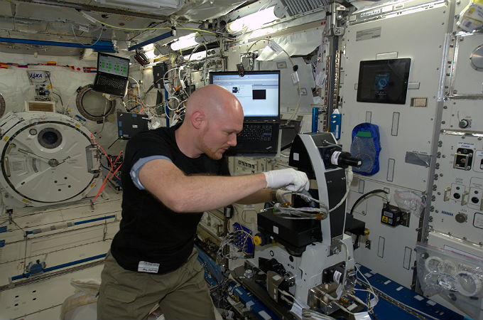 Alex bei einem Experiment im japanischen ISS-Modul Kibo. Bild: NASA, ESA