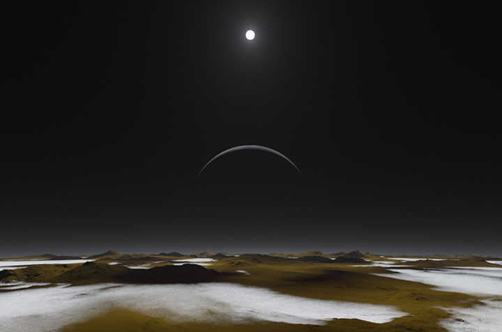 So kann man sich die Pluto-Oberfläche vorstellen – mit dem Mond Charon am Horizont. Bild: NASA