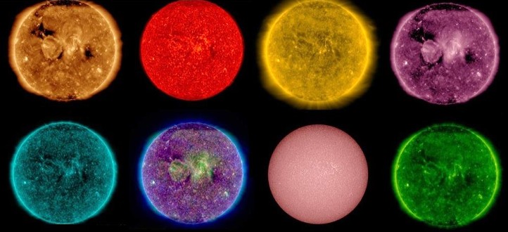Hier siehst du die Sonne – aufgenommen vom amerikanischen Satelliten SDO. Jedes Bild zeigt sie in einer anderen Wellenlänge, also in einem anderen Bereich des Lichtspektrums. Das nennt man multispektral. Wenn ein Satellit noch viel mehr Farben unterscheiden kann, nennt man das hyperspektral. 