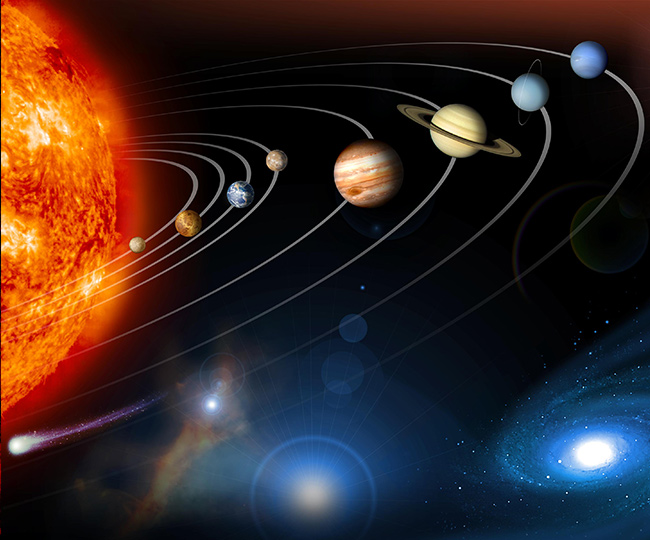 Das Sonnensystem. Bei dieser Darstellung wurden Aufnahmen verschiedener Sonden zu einem Bild kombiniert. Natürlich stimmen die Abstände nicht (in Wirklichkeit müssten die Planeten bei der hier gezeigten Größe viel weiter voneinander entfernt sein). Bild: NASA/JPL