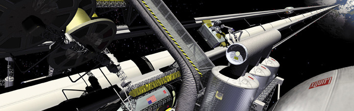 Szenario eines Weltraum-Fahrstuhls. Dies ist natürlich kein Foto, sondern die künstlerische Darstellung dieses utopischen Vorhabens. Bild: NASA