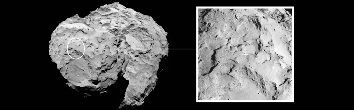 Hier ist die Landestelle markiert (rechts Vergrößerung). Quelle: ESA/Rosetta/MPS for OSIRIS Team MPS/UPD/LAM/IAA/SSO/INTA/UPM/DASP/IDA.