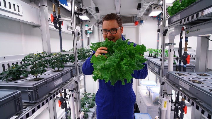 Unser DLR-Mitarbeiter Paul Zabel freut sich über den Salat, den er in einem speziellen Gewächshaus angebaut hat – und zwar in der Antarktis. Dort testete er bei einem Forschungsaufenthalt ein Verfahren, das auch Astronautinnen und Astronauten mit frischer Nahrung versorgen könnte. Ein ganz einfaches Experiment, mit dem du das so ähnlich auch zu Hause ausprobieren kannst, haben wir hier beschrieben. Bild: DLR